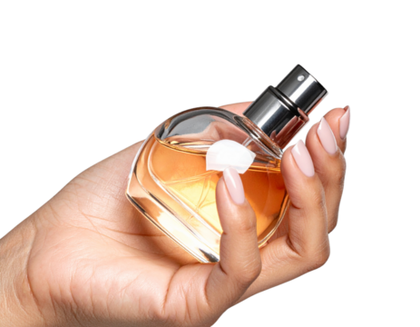 Elegant Woman’s Hand Holding Perfume Bottle PNG