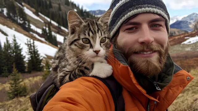 A man with a beard and a striped beanie holds a tabby cat close to him against a backdrop of a mountainous landscape.
