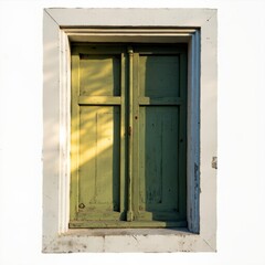 Rustic Green Window Shutters on White Wall
A captivating, high-quality photograph of a rustic, vintage window with closed green wooden shutters. The distressed texture, peeling paint, and weathered su