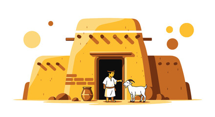 Stylized illustration of an arabian man with goat and traditional adobe house scenery