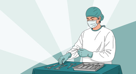 Surgeon preparing surgical tools in operating room minimal vector illustration