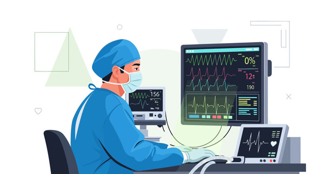 Surgeon monitoring vital signs on multiple displays during medical procedure in operating room