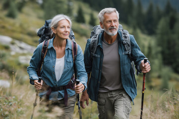 Fototapeta premium Happy senior couple hiking in forested mountain trail with backpacks and trekking poles, enjoying nature together