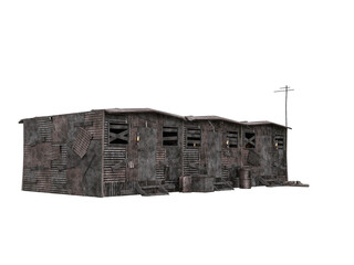 Post apocalyptic shelter built from old sheets of corregated iron and wood. Isolated 3D rendered illustration.