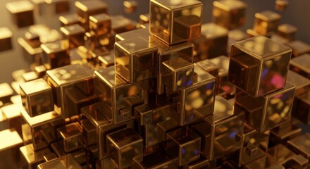 Gleaming Golden Cube Matrix with Intricate Reflections and Shallow Depth of Field.