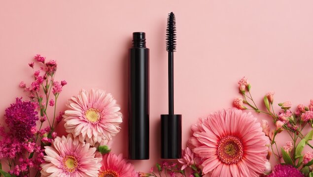 Black mascara tube and wand, surrounded by pink flowers on a pink background - Powered by Adobe