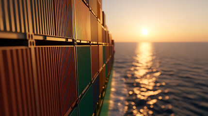 Cargo ship transporting freight containers across the ocean. Sunset provides a warm glow over the calm water. Efficient supply chains, global trade.