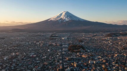 Mount fuji covered in snow overlooks a sprawling city at sunrise - Powered by Adobe