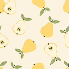 Seamless pear pattern. Vector illustration for printing. Cute baby background. Yellow background