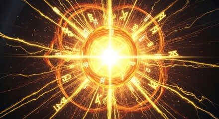 Obraz premium Radiant Golden Zodiac Wheel Exploding with Celestial Light and Mystical Energy.
