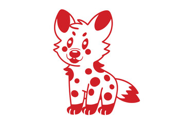 Cute red spotted cartoon hyena sits facing forward on a clean white background