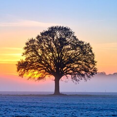 Silhouetted tree at sunrise over a frosty field