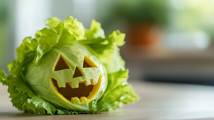 Leafy Green 'Jack-o'-Lantern' made from a head of lettuce, creatively carved with a smiling face, symbolizing a lighthearted twist on seasonal decorations.