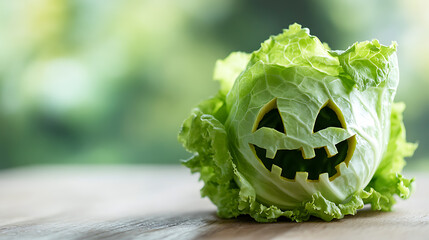 Halloween veggie: A carved cabbage with a jack-o'-lantern face sits on a table against a blurred green background for a healthy trick or treat alternative.