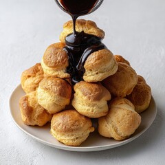 Fototapeta premium A stack of cream puffs with chocolate sauce poured over them, ready to eat. The creamy pastry sits on a light plate. top view, white background