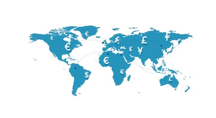 Obraz premium World map displaying currency symbols indicating global financial exchange and economic connections across continents.