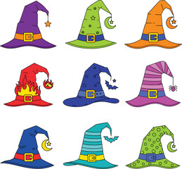 Colorful Halloween Witch Hat Icon Pack: Set of 9 Different Witch Hat Illustrations with Unique Designs on a White Background