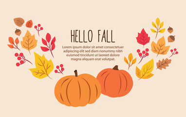 Fall background with colorful autumn leaves and pumpkins and hello fall text