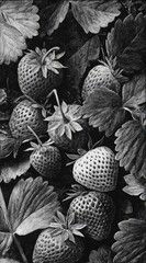Obraz premium A detailed grayscale illustration showcases a cluster of ripe strawberries nestled amongst their leaves, capturing the intricate textures and forms of both fruit and foliage.