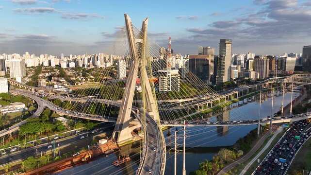 Cable Bridge In Downtown Sao Paulo Brazil. Elevated Road Bridge Symbol Of The City Viewed From Above. Metropole Landscape Company Building Beautiful. Metropole Town. Downtown Sao Paulo.