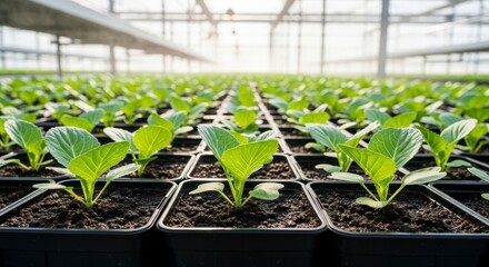 Orderly Rows of Young Green Plants Thriving in a Vast, Sunlit Commercial Greenhouse.