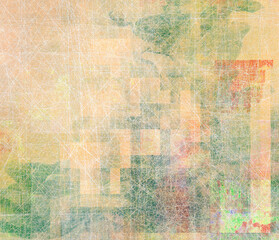 Obraz premium Abstract digital composition with soft beige, peach, and light green tones arranged in a pixelated grid. The surface includes faint textures, subtle scratches, and blended patches of warm and cool