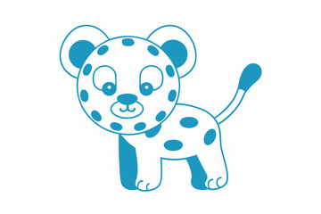Isolated white cartoon leopard cub outlined in blue is smiling on a white background