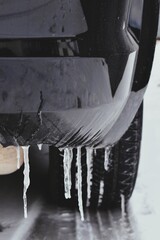 Icicles Hanging from Car Bumper in Winter