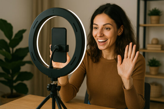 Woman engaging in a live video call while sitting at a desk with a smartphone in a ring light setup in a cozy room - Powered by Adobe