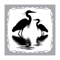 Elegant Heron Silhouette Amidst Wetland Vegetation Framed by a Decorative Border Depicting Nature's Serenity and Simple Beauty
