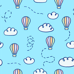 Vector seamless pattern with freehand drawn cartoon hot air balloon and clouds on blue background