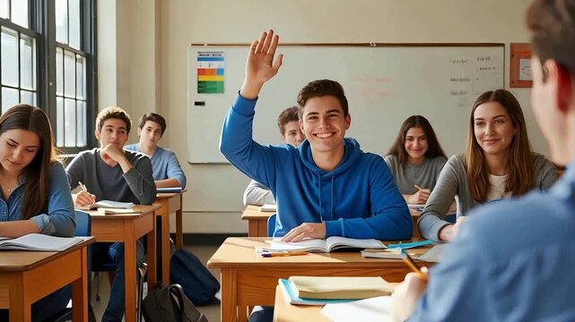 Dynamic classroom scene with a student raising his hand enthusiastically during a vibrant lesson at school, showcasing active learning