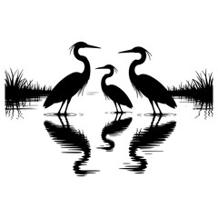 Elegant Herons in Silhouette Serene Waterside Reflections Against Decorative Border Captivating Wildlife Scene Depiction of Nature's Beauty