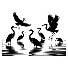 Fototapeta premium Elegant Herons in Silhouette Serene Waterside Reflections Against Decorative Border Captivating Wildlife Scene Depiction of Nature's Beauty