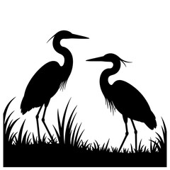 Elegant Heron Silhouette in Wetland Habitat Artistic Impression of Wildlife in Graphic Black and White Design with Decorative Border