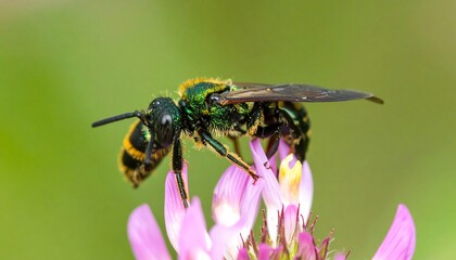 Close-up of a metallic green and yellow bee on a pink clover flower