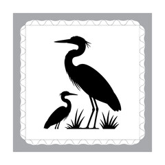 A Silhouette of Three Herons Standing Tall Among the Tall Grasses Displayed within a Decorative Bordered Frame Illustration