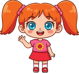 Cute cartoon little girl with red hair in pigtails, smiling child character waving hand, adorable anime style illustration design