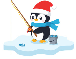 Cute cartoon penguin wearing Santa hat and blue scarf fishing on ice, Christmas winter animal illustration, holiday season character vector