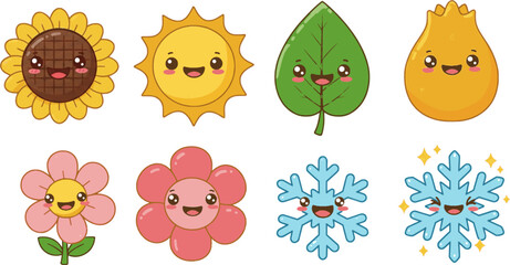 Fototapeta premium cute kawaii seasonal icons pack, cartoon-style with happy faces on flowers, sun, leaf, and snowflakes