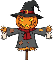 Halloween pumpkin scarecrow illustration, spooky jack o lantern with witch hat, scary autumn harvest decoration, creepy cartoon character design