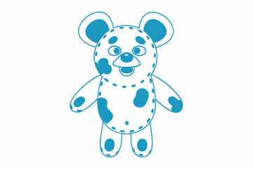 Playful blue spotted bear stands happily, showcasing its outline on the clean white background