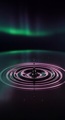 A magical moment of a water drop hitting a dark liquid surface, creating ripples that reflect the green and purple aurora borealis in the night sky.