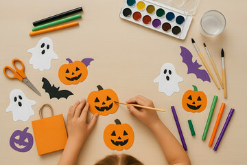 Child making Halloween crafts with paper pumpkins, bats, and ghosts, surrounded by paints, markers, and scissors on a creative workspace