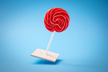 Red swirl lollipop floating on a white card against a blue background