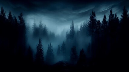 A dark, atmospheric forest scene with a misty atmosphere. The style is reminiscent of digital art, with a focus on mood and atmosphere over detailed realism.