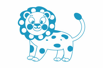 Playful spotted lion character stands, outlined in cyan with circular designs on its mane