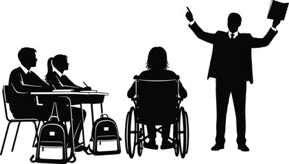 Black and white vector of inclusive classroom with students and teacher, including wheelchair user, for education, accessibility, and learning themes.