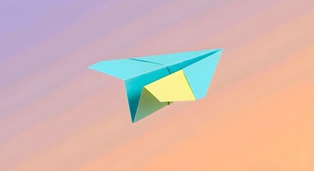 A blue paper airplane flies in a pastel sky with purple, orange hues. Colors blend softly. Concept: freedom, flight. AI Generated