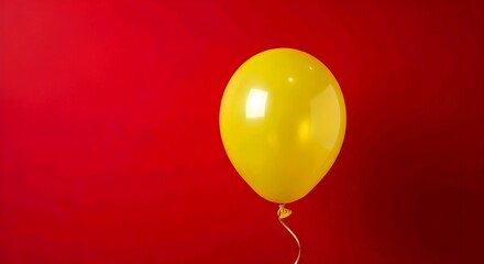 Yellow balloon on red background, string attached below, shiny reflections on balloon. Bold color contrast creates playful atmosphere. Concept: simplicity & celebration. AI Generated